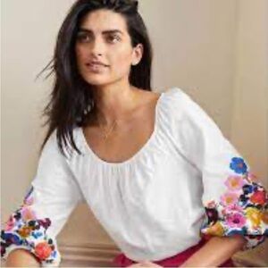 Boden Hayden embroidered sleeve blouse 2 white top floral embroidery on sleeve